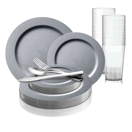 Smarty Had A Party Matte Steel Gray Round Disposable Plastic Wedding Value Set, 360PK 4850STGR-VS60